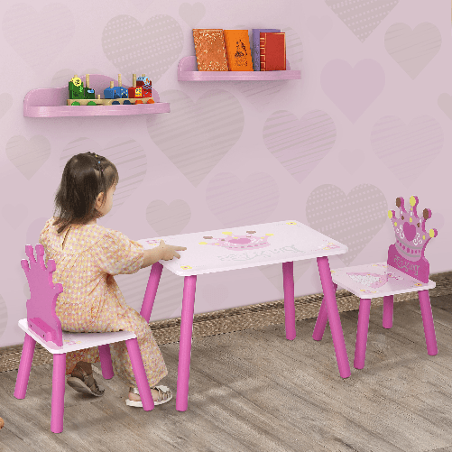 HOMCOM-Set-Tavolo-e-2-Sedie-Tema-Principesse-per-Cameretta-Bambini-in-Legno-Rosa
