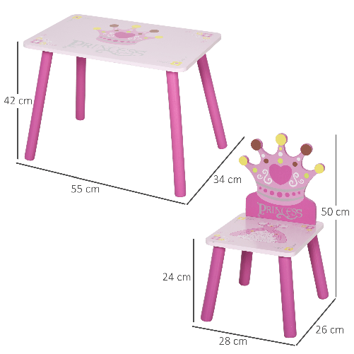 HOMCOM-Set-Tavolo-e-2-Sedie-Tema-Principesse-per-Cameretta-Bambini-in-Legno-Rosa