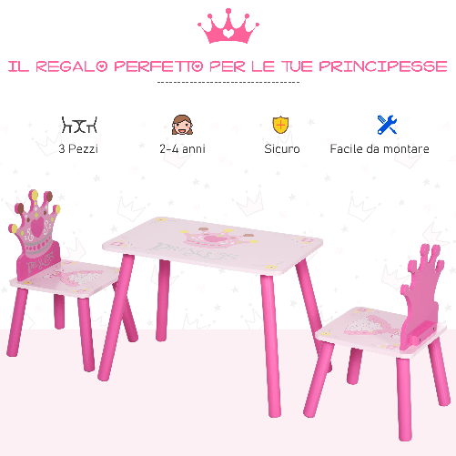 HOMCOM-Set-Tavolo-e-2-Sedie-Tema-Principesse-per-Cameretta-Bambini-in-Legno-Rosa