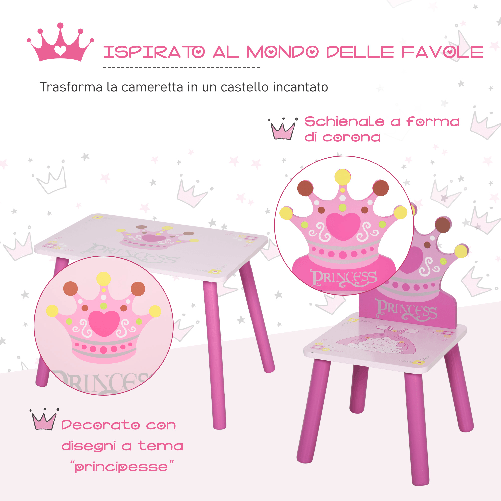 HOMCOM-Set-Tavolo-e-2-Sedie-Tema-Principesse-per-Cameretta-Bambini-in-Legno-Rosa
