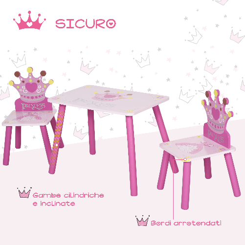 HOMCOM-Set-Tavolo-e-2-Sedie-Tema-Principesse-per-Cameretta-Bambini-in-Legno-Rosa