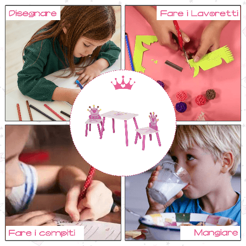 HOMCOM-Set-Tavolo-e-2-Sedie-Tema-Principesse-per-Cameretta-Bambini-in-Legno-Rosa