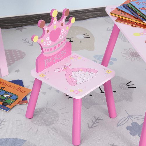 HOMCOM-Set-Tavolo-e-2-Sedie-Tema-Principesse-per-Cameretta-Bambini-in-Legno-Rosa