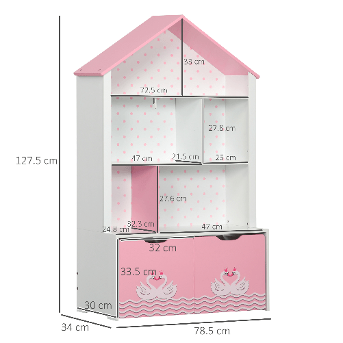 ZONEKIZ-Scaffale-Portagiochi-per-Bambini-con-Ripiani-Aperti-e-Cassetti-con-Rotelle-Rosa