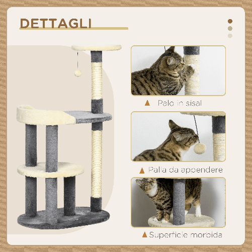 PawHut-Albero-Tiragraffi-per-Gatti-a-3-Livelli-con-Pali-in-Sisal-e-Altezza-105cm-Grigio