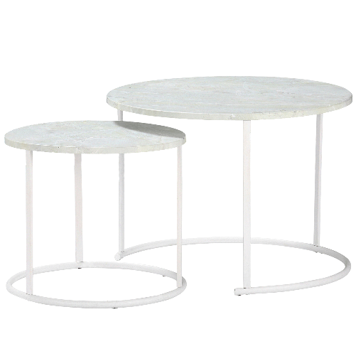Outsunny-Tavolini-da-Salotto-Set-2-Pezzi-con-Piano-Effetto-Marmo-in-Metallo-Bianco
