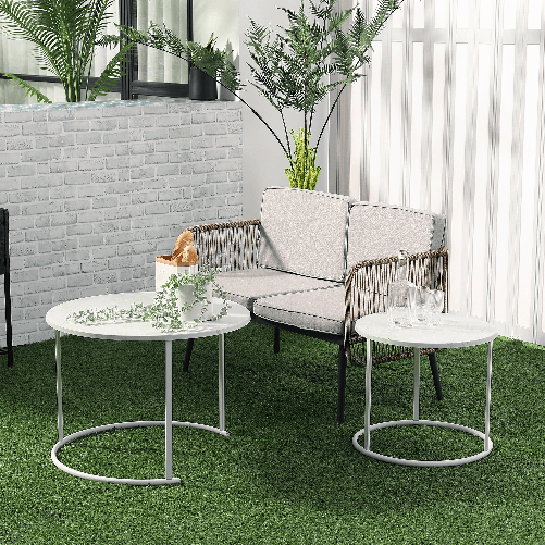 Outsunny-Tavolini-da-Salotto-Set-2-Pezzi-con-Piano-Effetto-Marmo-in-Metallo-Bianco