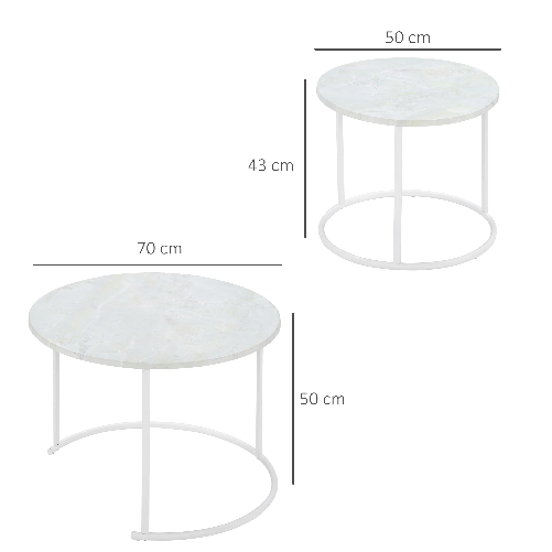 Outsunny-Tavolini-da-Salotto-Set-2-Pezzi-con-Piano-Effetto-Marmo-in-Metallo-Bianco