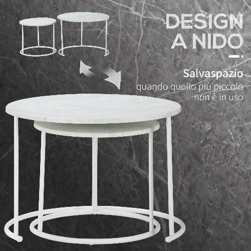 Outsunny-Tavolini-da-Salotto-Set-2-Pezzi-con-Piano-Effetto-Marmo-in-Metallo-Bianco