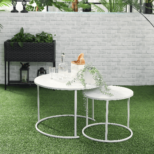 Outsunny-Tavolini-da-Salotto-Set-2-Pezzi-con-Piano-Effetto-Marmo-in-Metallo-Bianco