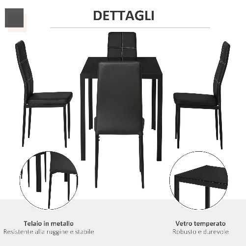 HOMCOM-Set-5-Pezzi-con-1-Tavolo-e-4-Sedie-per-Cucina-o-Sala-da-Pranzo-in-Similpelle-Metallo-e-Vetro-Temperato-Nero