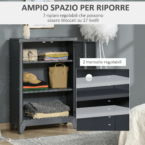 HOMCOM-Mobiletto-Multiuso-a-2-Ante-Stile-Industriale-Armadietto-Metallico-per-Casa-e-Garage---Grigio