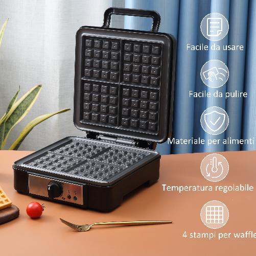 HOMCOM-Macchina-per-Waffle-con-Piastre-Antiaderenti-e-Temperatura-Regolabile-1200W-Nero