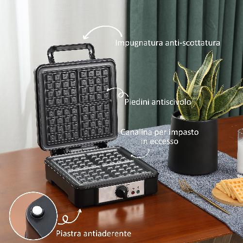 HOMCOM-Macchina-per-Waffle-con-Piastre-Antiaderenti-e-Temperatura-Regolabile-1200W-Nero