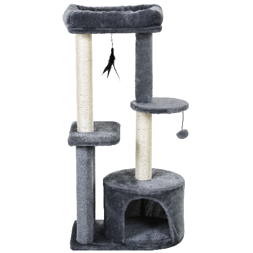 PawHut-Albero-Tiragraffi-per-Gatti-Adulti-su-piu-Livelli-Castello-per-Gatti-con-Cuccia-Posatoio-e-2-Ripiani-Bianco-e-Grigio-48x35x100cm
