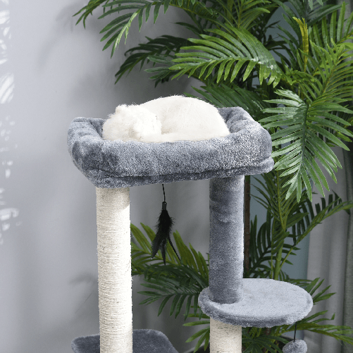 PawHut-Albero-Tiragraffi-per-Gatti-Adulti-su-piu-Livelli-Castello-per-Gatti-con-Cuccia-Posatoio-e-2-Ripiani-Bianco-e-Grigio-48x35x100cm