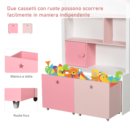 HOMCOM-Libreria-Scaffale-Portagiochi-Rosa-per-Cameretta-Bimbi-e-Ragazzi-con-2-Cassetti-Estraibili-80-x-34-x-130-cm