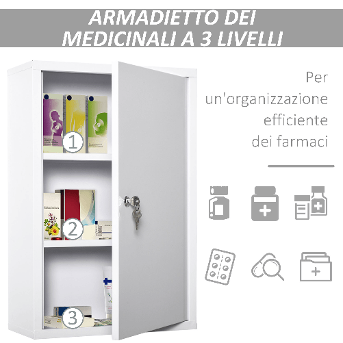 kleankin-Armadietto-Medicinali-a-3-Livelli-in-Acciaio-con-2-Chiavi-e-Montaggio-a-Parete-40x18x60-cm-Bianco