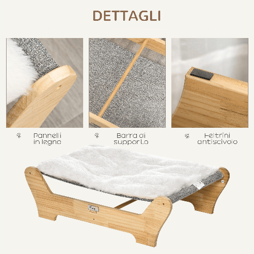 PawHut-Cuccia-per-Gatti-da-Interno-con-Cuscino-in-Peluche-Rimovibile-e-Telaio-in-Legno-68x43x20cm---Bianco-Grigio