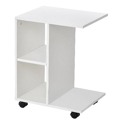 HOMCOM-Tavolino-da-Salotto-a-C-con-2-Ripiani-Aperti-e-4-Ruote-Girevoli-in-Truciolato-45x35x58cm-Bianco