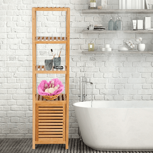 HOMCOM-Mobile-a-Colonna-per-Bagno-in-Bambu-con-4-Ripiani-e-un-Armadietto-36x33x140cm