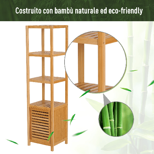 HOMCOM-Mobile-a-Colonna-per-Bagno-in-Bambu-con-4-Ripiani-e-un-Armadietto-36x33x140cm