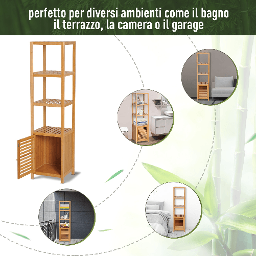 HOMCOM-Mobile-a-Colonna-per-Bagno-in-Bambu-con-4-Ripiani-e-un-Armadietto-36x33x140cm