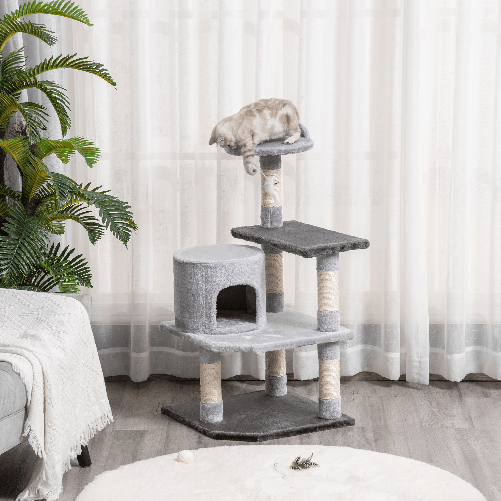 PawHut-Albero-per-Gatti-di-3-livelli-con-Topolino-Grigio-48x48x100cm