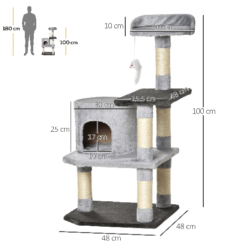 PawHut-Albero-per-Gatti-di-3-livelli-con-Topolino-Grigio-48x48x100cm