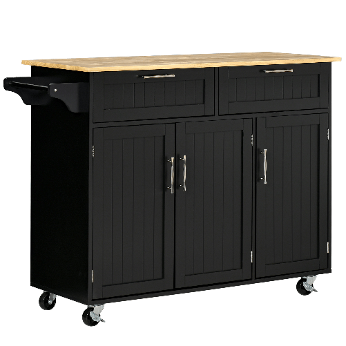 HOMCOM-Carrello-da-Cucina-in-Legno-con-2-Cassetti-Armadietto-3-Ante-e-4-Ruote-121x46x91cm-Nero