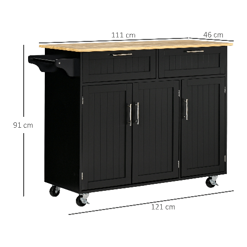 HOMCOM-Carrello-da-Cucina-in-Legno-con-2-Cassetti-Armadietto-3-Ante-e-4-Ruote-121x46x91cm-Nero