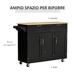 HOMCOM-Carrello-da-Cucina-in-Legno-con-2-Cassetti-Armadietto-3-Ante-e-4-Ruote-121x46x91cm-Nero