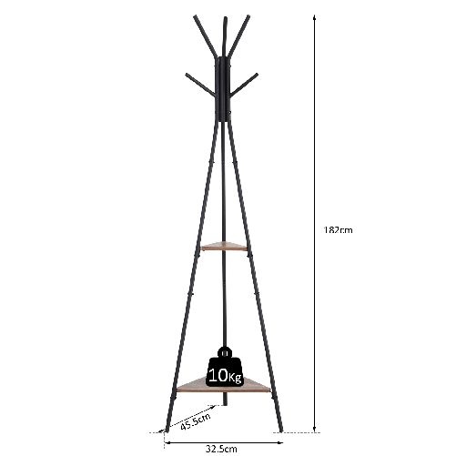 HOMCOM-Appendiabiti-ad-Albero-con-2-Ripiani-Nero-e-Marrone-in-Metallo-e-Legno