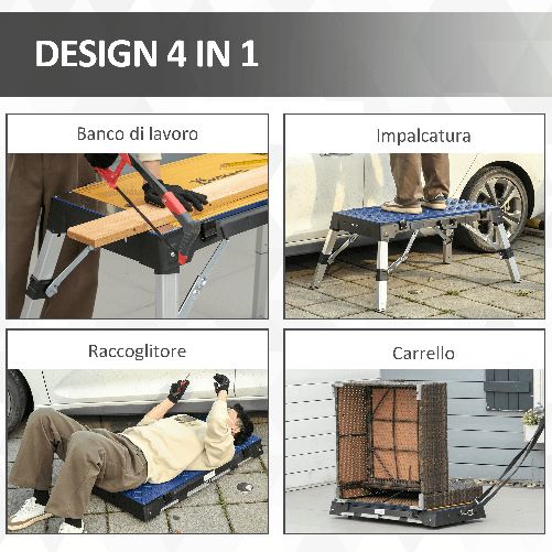 DURHAND-Piattaforma-da-Lavoro-4-in-1-Pieghevole-Banco-da-Lavoro-Impalcatura-Lettino-Sottomacchina-e-Carrello