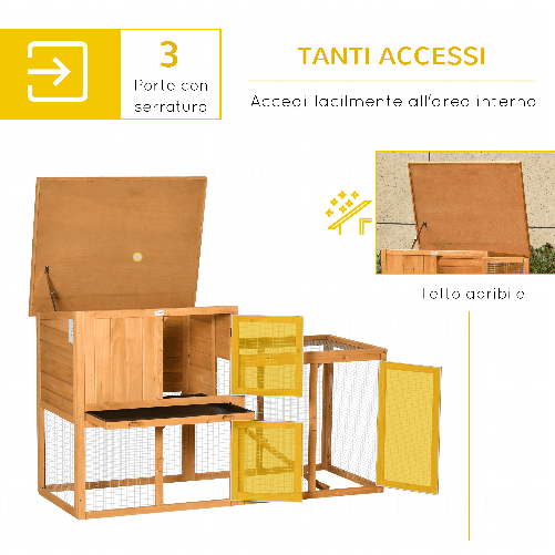 PawHut-Conigliera-a-2-Livelli-in-Abete-e-Acciaio-con-Casetta-Spazio-Aperto-e-Vassoio-141x49x86cm