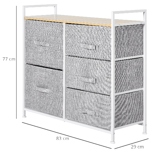 HOMCOM-Cassettiera-in-Metallo-Bianco-e-Legno-con-5-Cassetti-Pieghevoli-e-Rimovibili-in-Tessuto-Grigio-83Lx-29P-x-77Acm