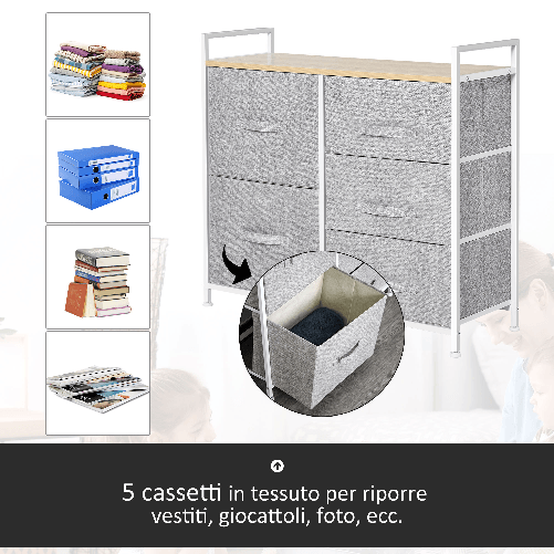 HOMCOM-Cassettiera-in-Metallo-Bianco-e-Legno-con-5-Cassetti-Pieghevoli-e-Rimovibili-in-Tessuto-Grigio-83Lx-29P-x-77Acm