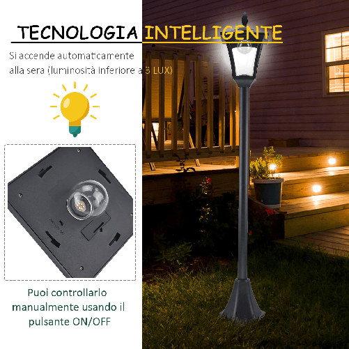 Outsunny-Lampione-LED-da-Esterno-ad-Energia-Solare-Lampada-da-Giardino-Lampada-da-Terra-Impermeabile-IP44-18×18×160cm-Nero