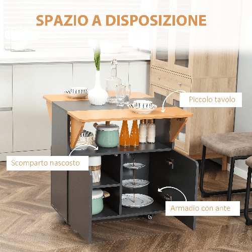 HOMCOM-Tavolo-Pieghevole-Salvaspazio-per-4-Persone-max-con-4-Ruote-Ripiano-Nascosto-e-Armadietto-con-Ante-70x83x75-cm