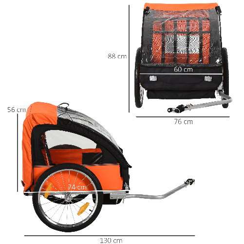 HOMCOM-Rimorchio-Bici-Bambini-con-2-Posti-2-Cinture-di-Sicurezza-Telaio-in-Acciaio-e-Copertura-in-Tessuto-Oxford-Arancione