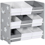 ZONEKIZ-Mobiletto-Portagiochi-con-9-Cestini-Rimovibili-in-MDF-e-Tessuto-63x30x60cm-Grigio-e-Bianco