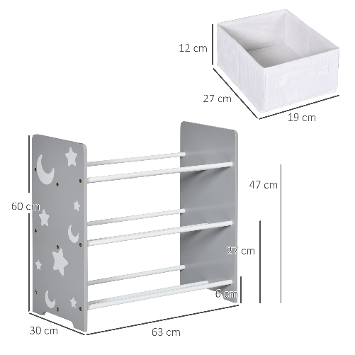 ZONEKIZ-Mobiletto-Portagiochi-con-9-Cestini-Rimovibili-in-MDF-e-Tessuto-63x30x60cm-Grigio-e-Bianco