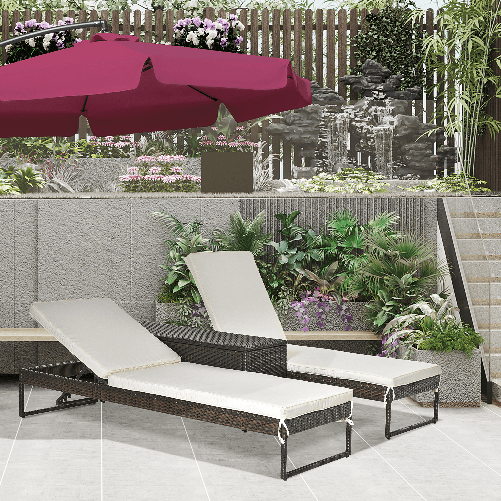 Outsunny-3pz-Componibile-2-Lettino-Prendisole-da-Giardino--60-x-195-x-86cm--e-1-Tavolino--121-x-40-x-50cm--Rattan-con-Materassini-Marrone-e-Bianco-Crema