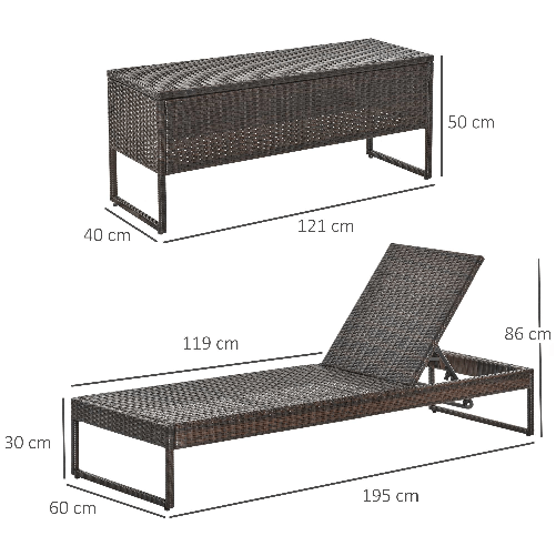 Outsunny-3pz-Componibile-2-Lettino-Prendisole-da-Giardino--60-x-195-x-86cm--e-1-Tavolino--121-x-40-x-50cm--Rattan-con-Materassini-Marrone-e-Bianco-Crema