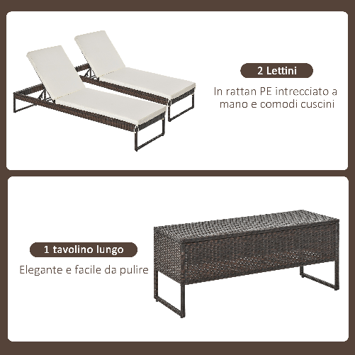 Outsunny-3pz-Componibile-2-Lettino-Prendisole-da-Giardino--60-x-195-x-86cm--e-1-Tavolino--121-x-40-x-50cm--Rattan-con-Materassini-Marrone-e-Bianco-Crema
