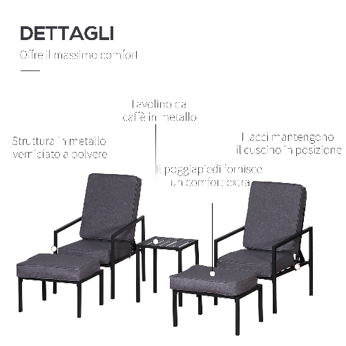 Outsunny-Set-5-Pezzi-Mobili-da-Esterno-2-Sedie-Sdraio-Reclinabili-2-Pouf-e-1-Tavolino-Grigio-e-Nero-Metallo-e-Poliestere