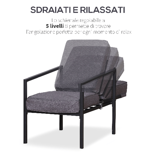 Outsunny-Set-5-Pezzi-Mobili-da-Esterno-2-Sedie-Sdraio-Reclinabili-2-Pouf-e-1-Tavolino-Grigio-e-Nero-Metallo-e-Poliestere