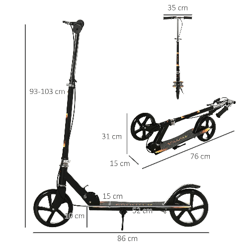 HOMCOM-Monopattino-per-Bambini-7-14-Anni-con-Manubrio-Regolabile-su-3-Altezze-86x35x93-98-103-cm-Nero