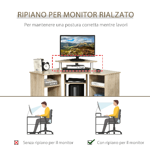 HOMCOM-Scrivania-Angolare-Porta-Pc-con-ripiano-per-Monitor-Rovere