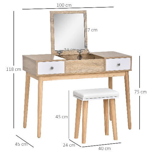 HOMCOM-Tavolo-da-Trucco-Moderno-in-Legno-con-Specchio-Organizer-Gioielli-e-Sgabello